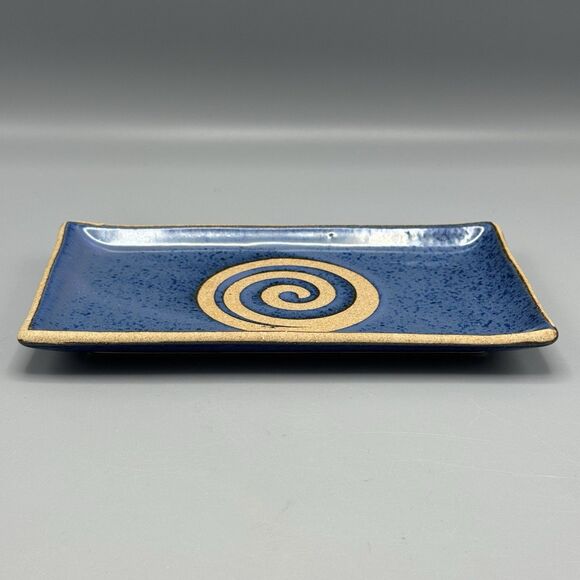 Art Studio Blue Rectanglar Tray Plate Spiral Glazed & Unglazed Vanity 8.5" L - Picture 4 of 6